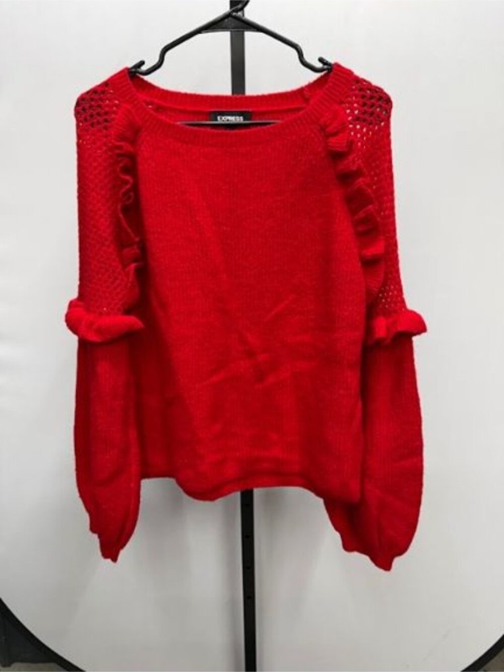 Express Red Crewneck Ruffle Balloon Sleeve Sweater
